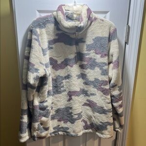 Woman’s Cozy Cream, Purple & Gray Camouflage Faux Fur Pullover